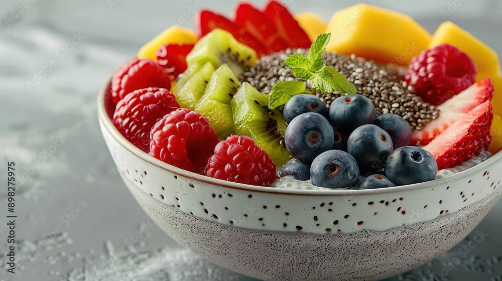 Colorful Fresh Fruit Bowl with Chia Seeds and Mint on a Gray Background - Healthy Breakfast or Snack Option Featuring Strawberries, Blueberries, Raspberries, Kiwi, and Mango Colorful Fresh Fruit Bowl with Chia Seeds and Mint on a Gray Background - Healthy Breakfast or Snack Option Featuring Strawberries, Blueberries, Raspberries, Kiwi, and Mango