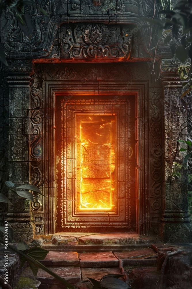 Ancient Temple Portal. A frame of weathered stone with ancient carvings and runes. The center is a mystical, glowing doorway. Ancient Temple Portal. A frame of weathered stone with ancient carvings and runes. The center is a mystical, glowing doorway.