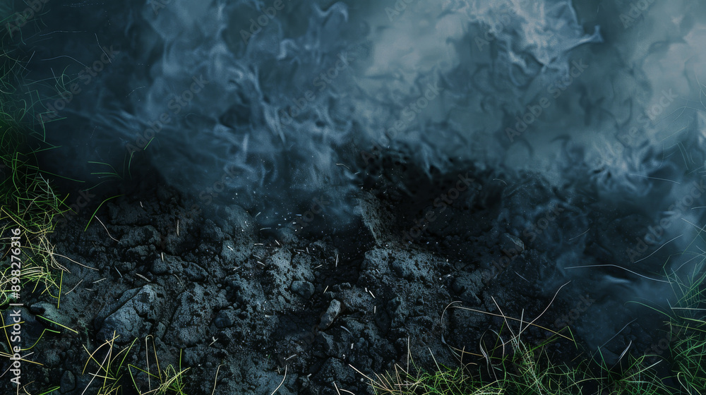 Close-up of smoky, charred ground with wisps of smoke rising, evoking a sense of aftermath and natural elements. Close-up of smoky, charred ground with wisps of smoke rising, evoking a sense of aftermath and natural elements.
