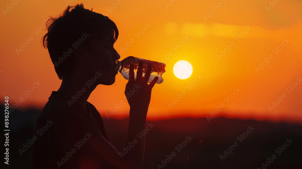 A silhouette of a person drinks water as the sun sets in a fiery orange sky, creating a serene and reflective moment. A silhouette of a person drinks water as the sun sets in a fiery orange sky, creating a serene and reflective moment.