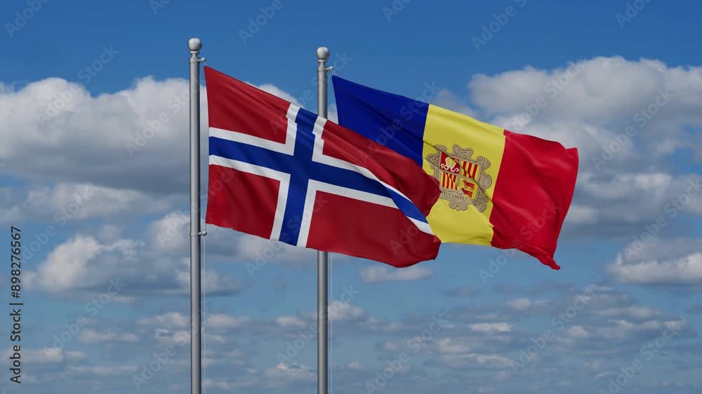 Norway and Andorra flags flying together, video concept of the relationship Norway and Andorra flags flying together, video concept of the relationship