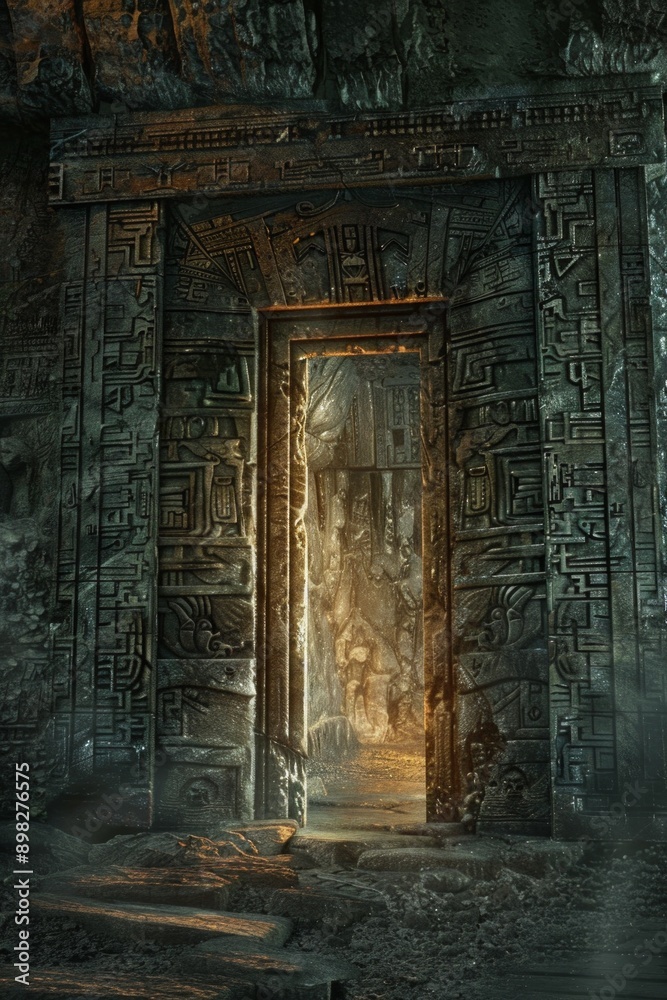 Obraz premium Ancient Temple Portal. A frame of weathered stone with ancient carvings and runes. The center is a mystical, glowing doorway.