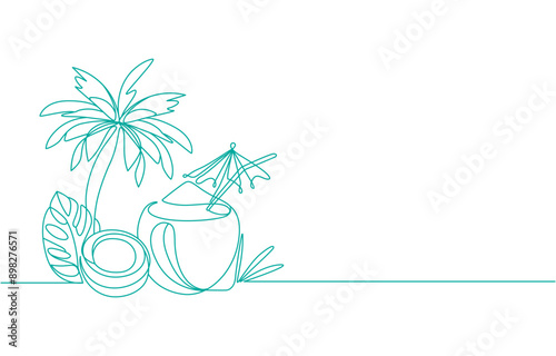 Continuous line drawing of tropical coconut drink vector illustration. Summer tropical coconut juice single line hand drawn minimalism style, Continuous line drawing fruit of coconut. Pro Vector.