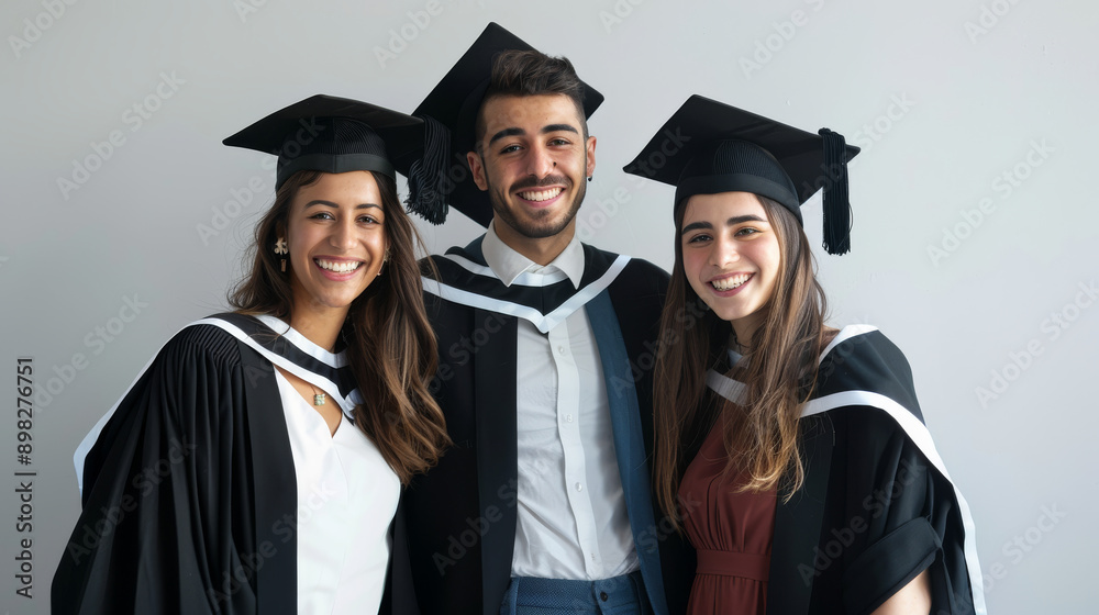 Three proud graduates in caps and gowns, beaming with joy, stand close together against a neutral background, celebrating their academic achievement. Three proud graduates in caps and gowns, beaming with joy, stand close together against a neutral background, celebrating their academic achievement.