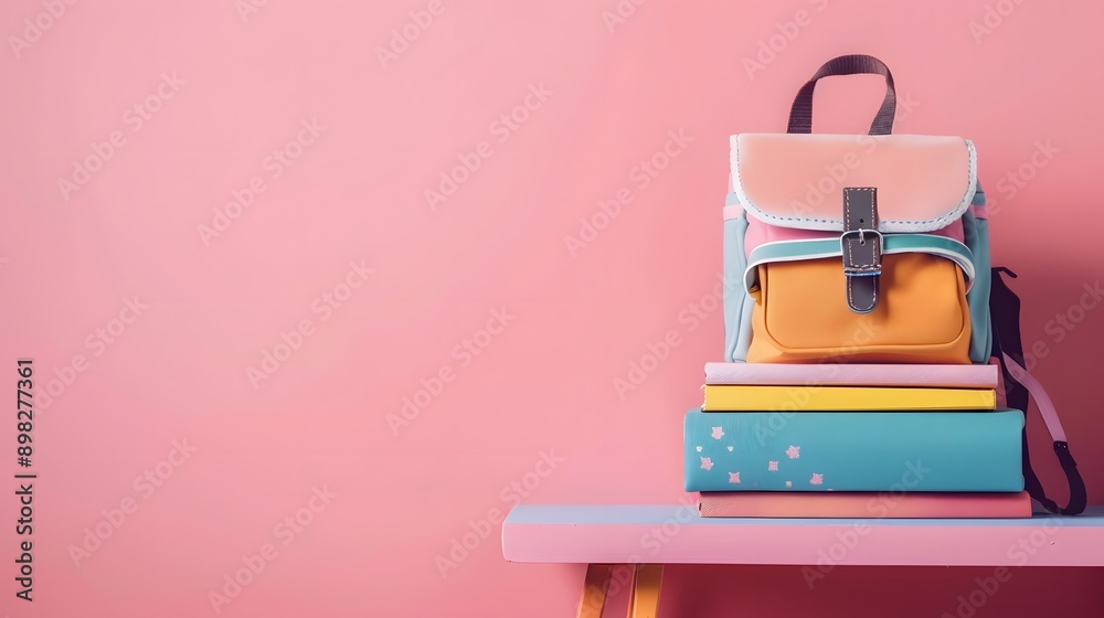 Colorful Backpack with Books on a Table. Colorful Backpack with Books on a Table.