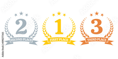 Laurel wreath award set. Winner, prize icons with First, Second And Third place. Gold, silver and bronze medal concept. Vector illustration.