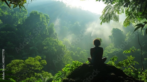 A person enjoying a peaceful moment in a lush green forest