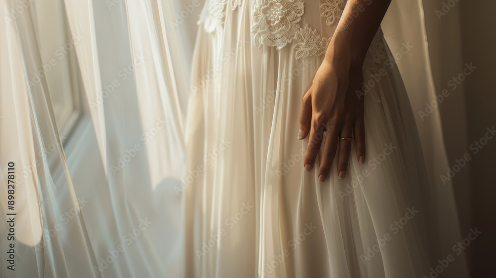 The flowing bottom of an elegant white bridal gown is gently illuminated by soft natural light, highlighting intricate lace details. The flowing bottom of an elegant white bridal gown is gently illuminated by soft natural light, highlighting intricate lace details.