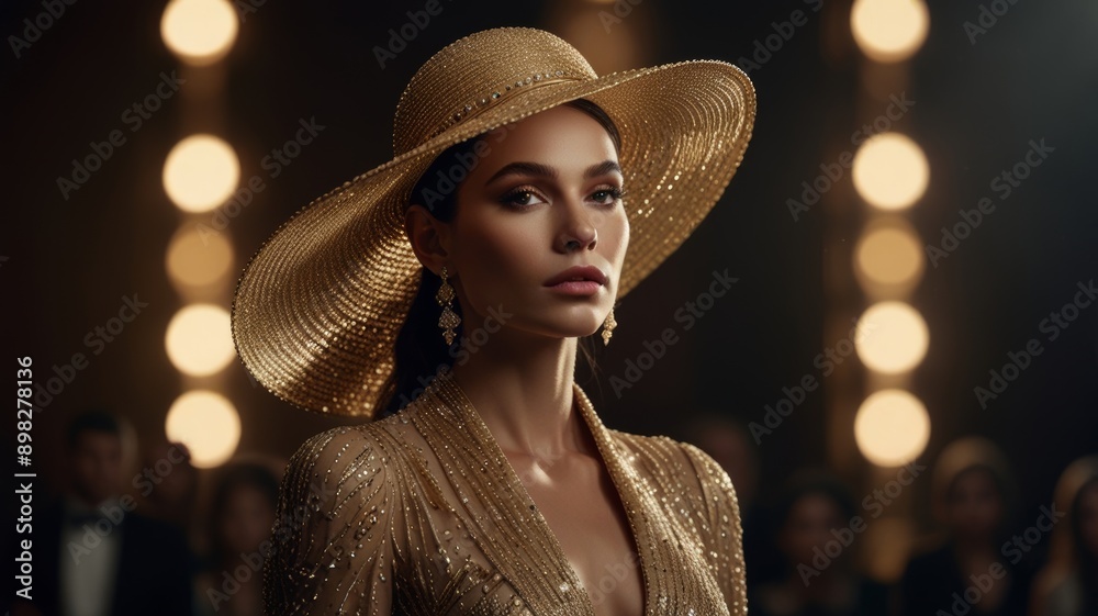 A chic woman in an elegant wide-brimmed hat, luxurious gold jewelry, color gems, walking the podium in luxurious dress