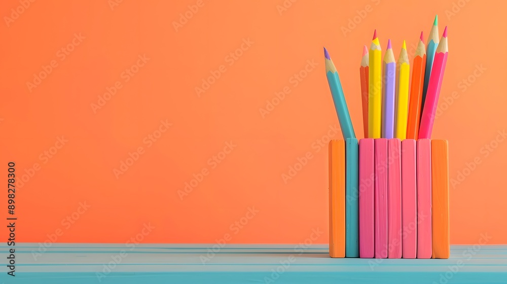 Colorful Pencils in a Wooden Holder on a Blue Table. Colorful Pencils in a Wooden Holder on a Blue Table.