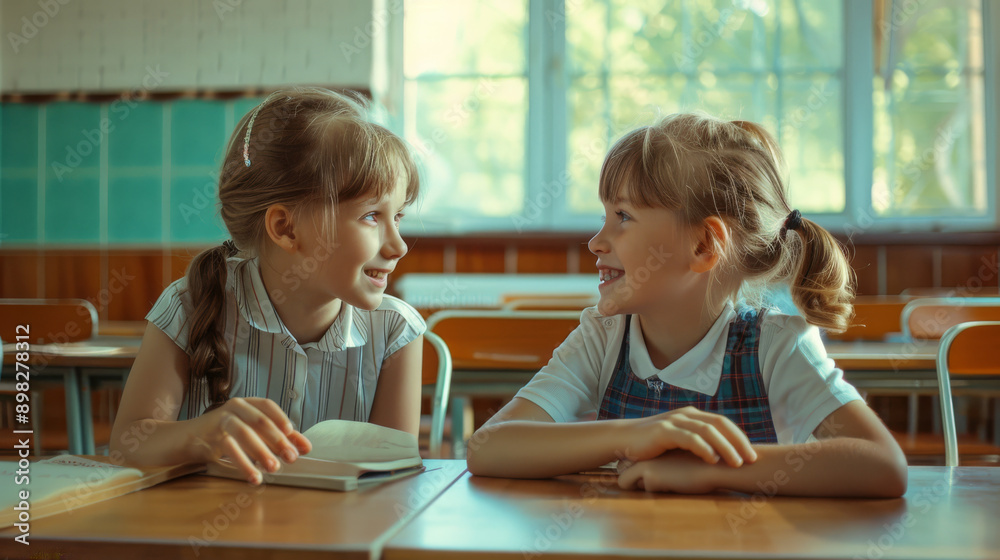 Two young girls share an animated conversation in a sunny classroom, their faces alight with curiosity and friendship. Two young girls share an animated conversation in a sunny classroom, their faces alight with curiosity and friendship.