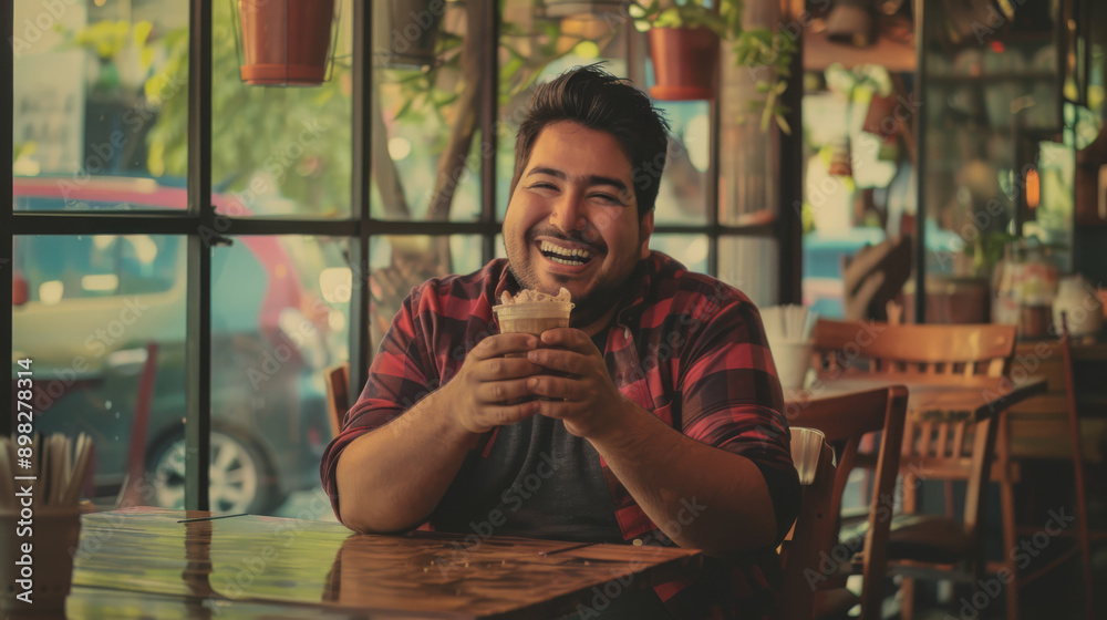 A smiling man enjoys a drink at a cozy café, basking in the warm and inviting ambiance. A smiling man enjoys a drink at a cozy café, basking in the warm and inviting ambiance.