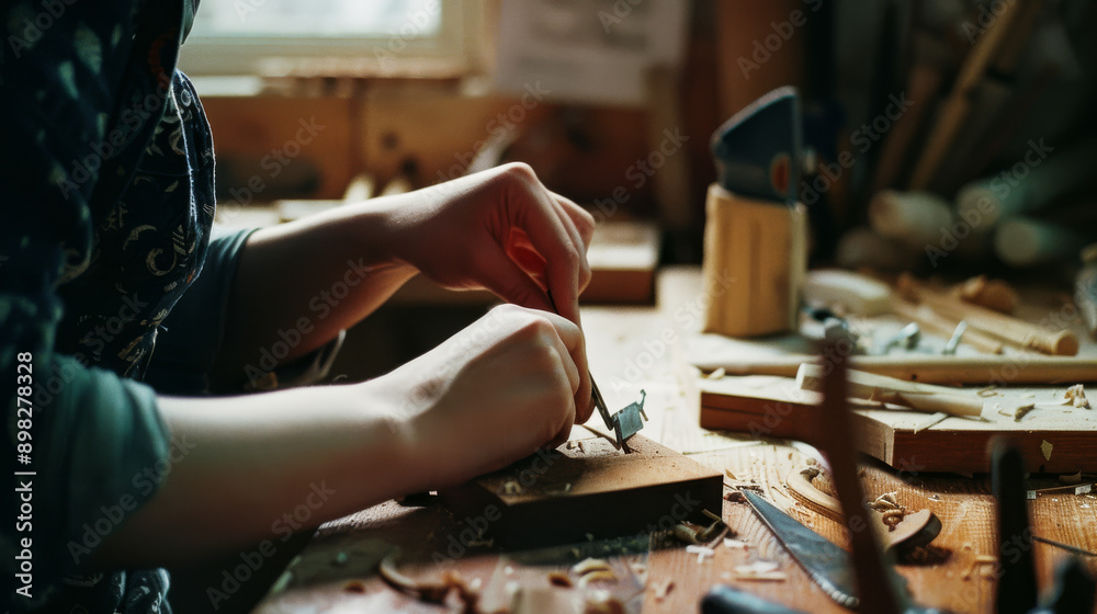 A dedicated craftsman meticulously carves wood in a cozy, sunlit workshop, surrounded by tools and scattered wood shavings. A dedicated craftsman meticulously carves wood in a cozy, sunlit workshop, surrounded by tools and scattered wood shavings.