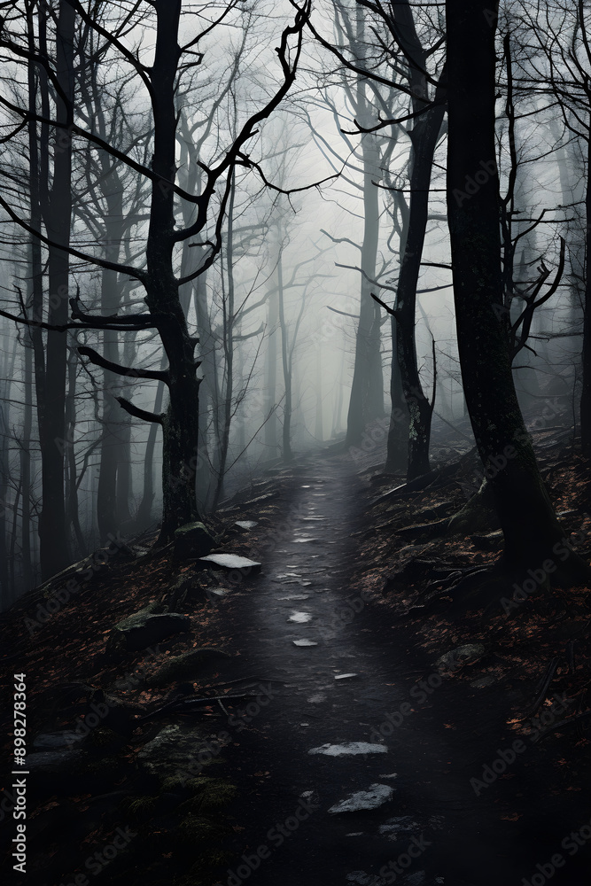 Mysterious Eerie Forest under the Menacing Overcast Sky - A Scene from the Nightmare or Fairy Tales Mysterious Eerie Forest under the Menacing Overcast Sky - A Scene from the Nightmare or Fairy Tales