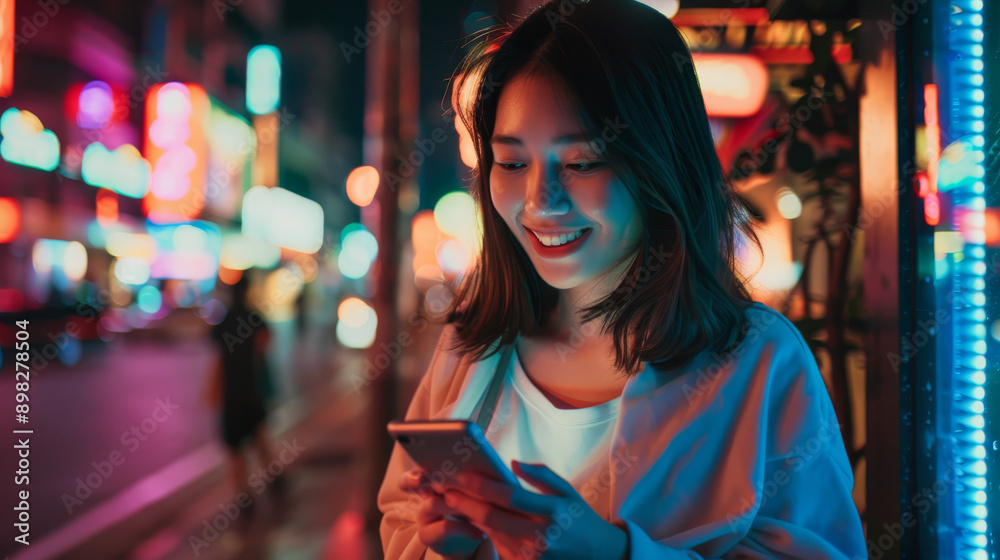 A young woman in a lively urban night scene, illuminated by vibrant neon lights as she smiles at her phone, capturing a moment of connection and joy. A young woman in a lively urban night scene, illuminated by vibrant neon lights as she smiles at her phone, capturing a moment of connection and joy.