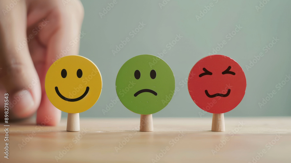 Wooden emoticons displaying happy, neutral, and angry faces on a wooden surface, representing varied emotions. Wooden emoticons displaying happy, neutral, and angry faces on a wooden surface, representing varied emotions.