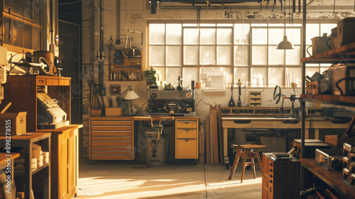 A warm, sunlit workshop brimming with tools and woodworking equipment, emanating an inviting and productive ambiance.