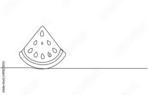 One continuous line drawing of sliced red watermelon. Fresh fruitage concept for fruit garden icon. Healthy organic food theme. Summer fruit isolated on white background. Pro Vector.