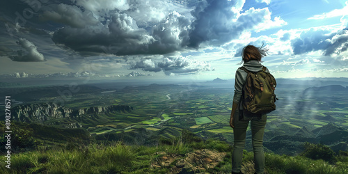 A person of indeterminate gender holds a backpack, looking out over a vast landscape from atop a hill. photo