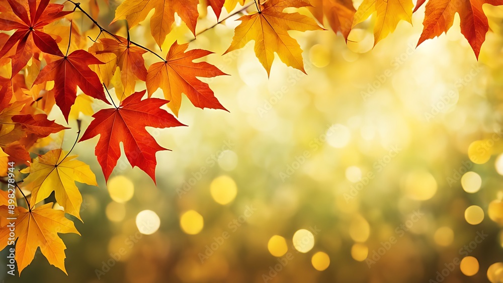 Fototapeta premium Red and yellow autumn leaves on tree branches. Close-up of fall foliage with blurred golden bokeh background. Nature and seasonal concept.