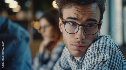 A person with glasses sitting at a table working on something