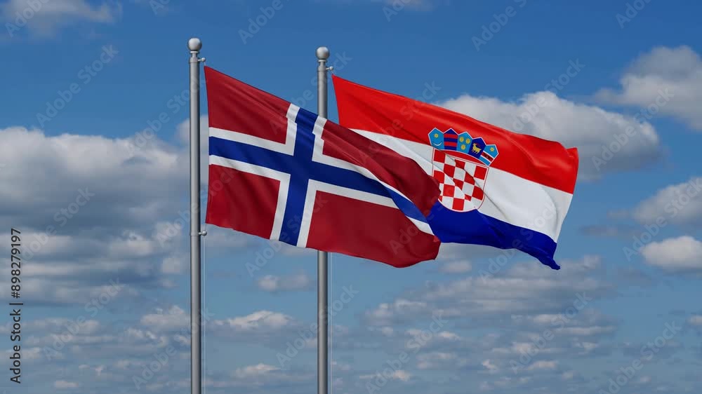 Croatia and Norway flags flying together, video concept of the relationship, two country cooperation concept Croatia and Norway flags flying together, video concept of the relationship, two country cooperation concept