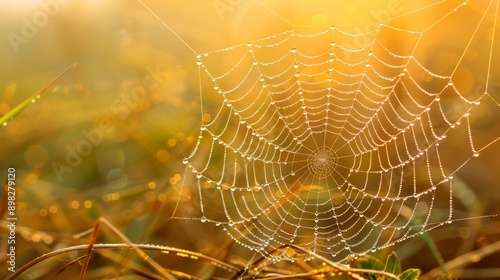  A tight shot of a spider web in a grassy expanse, illuminated by the sun passing through its intricate threads photo