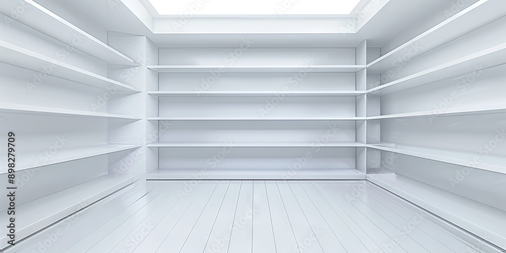 Clean and Clear: A simple white room with nothing on the walls or floor, showcasing empty shelves. Clean and Clear: A simple white room with nothing on the walls or floor, showcasing empty shelves.