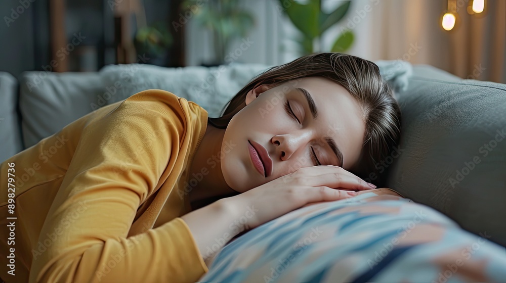 Woman Sleeping on a Couch in a Yellow Shirt Woman Sleeping on a Couch in a Yellow Shirt