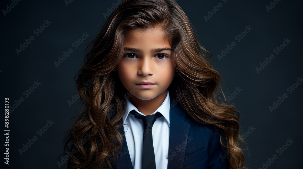 Portrait of a cute happy Hispanic Latino boy child with long hair and perfect skin, dark blue background, banner. Portrait of a cute happy Hispanic Latino boy child with long hair and perfect skin, dark blue background, banner.