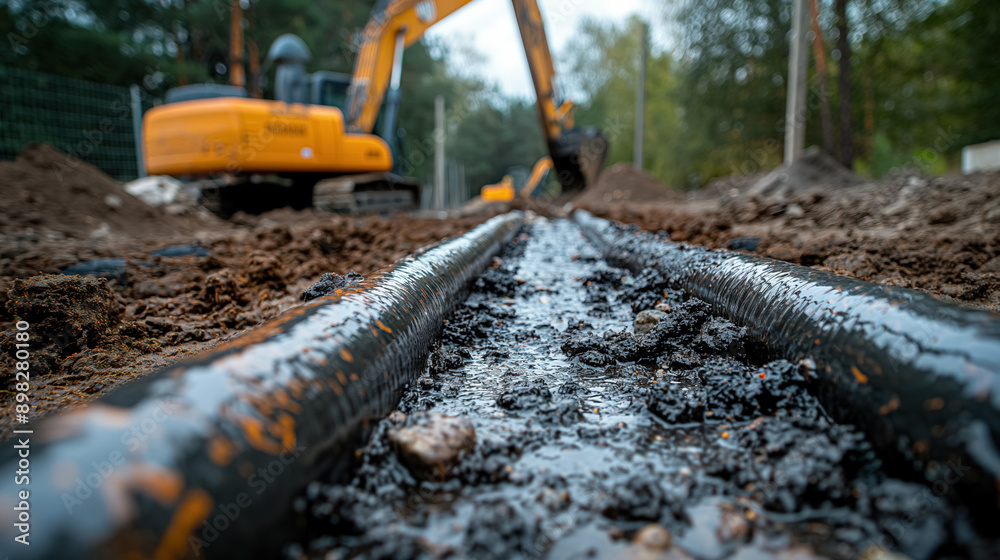 Construction site with a close-up view of black pipes being laid in a trench, with a yellow excavator in the background, surrounded by dirt and trees. Construction site with a close-up view of black pipes being laid in a trench, with a yellow excavator in the background, surrounded by dirt and trees.