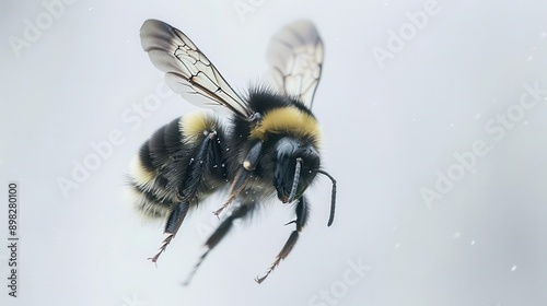 ethereal bumblebee in flight macro shot against pure white intricate wing details goldenblack fuzz iridescent highlights soft focus background emphasizing pollinators beauty photo