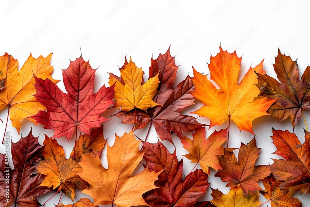 Colorful autumn leaves displayed on white background, copy space for text, top view, flat lay Colorful autumn leaves displayed on white background, copy space for text, top view, flat lay