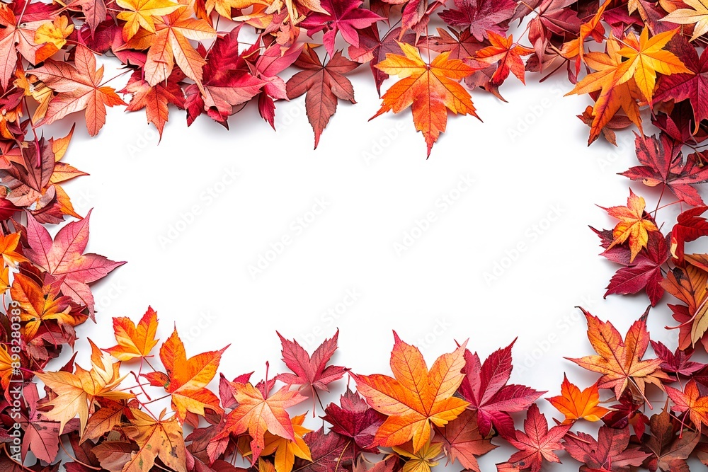 Colorful autumn leaves framing a white background, copy space for text, top view, flat lay Colorful autumn leaves framing a white background, copy space for text, top view, flat lay