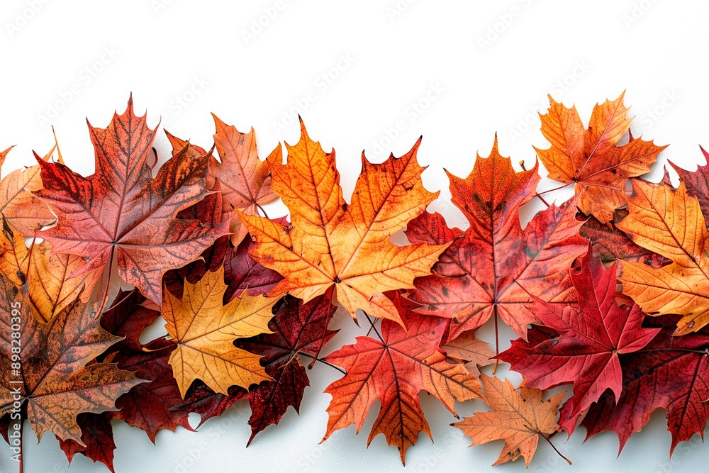 Fototapeta premium A row of colorful autumn leaves on a white background, copy space for text, top view, flat lay