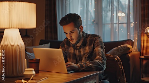 Young man working on a laptop in a cozy living room