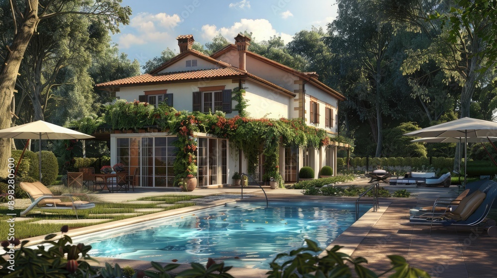 A Luxurious Villa with a Swimming Pool and Lush Greenery A Luxurious Villa with a Swimming Pool and Lush Greenery