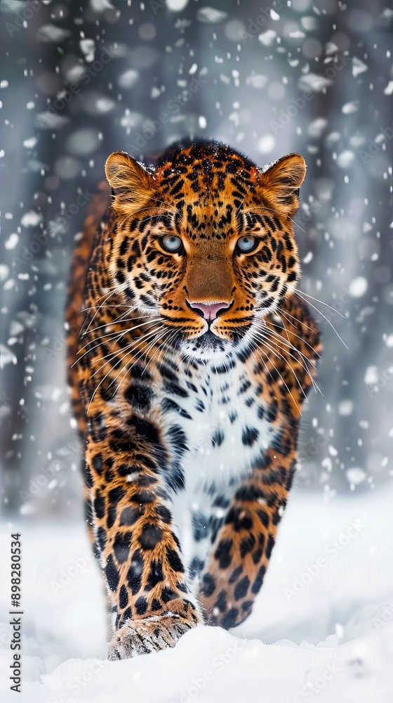 A leopard walking through the snow in the winter. A leopard walking through the snow in the winter.