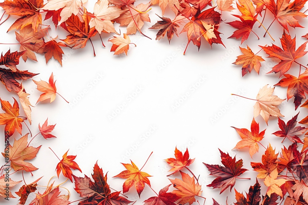 Fototapeta premium Colorful autumn leaves framing a white background, copy space for text, top view, flat lay