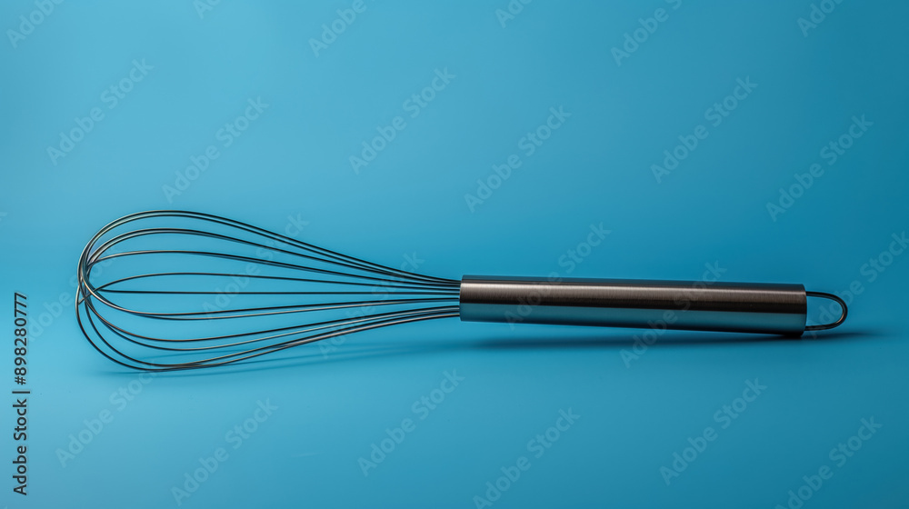 Stainless steel whisk on a plain blue background, showcasing simplicity and functionality. Stainless steel whisk on a plain blue background, showcasing simplicity and functionality.