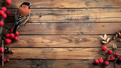 Christmas background. birds and youtvies with berries on wooden background