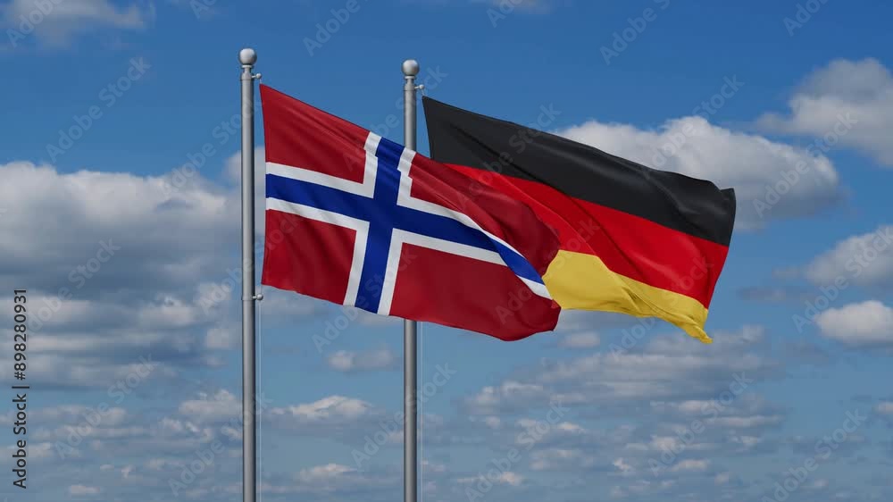 Germany and Norway flags flying together, video concept of the relationship, two country relations concept Germany and Norway flags flying together, video concept of the relationship, two country relations concept