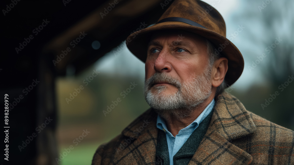 Older man in a brown hat and plaid coat, looking contemplatively into the distance with a thoughtful expression in an outdoor setting. Older man in a brown hat and plaid coat, looking contemplatively into the distance with a thoughtful expression in an outdoor setting.