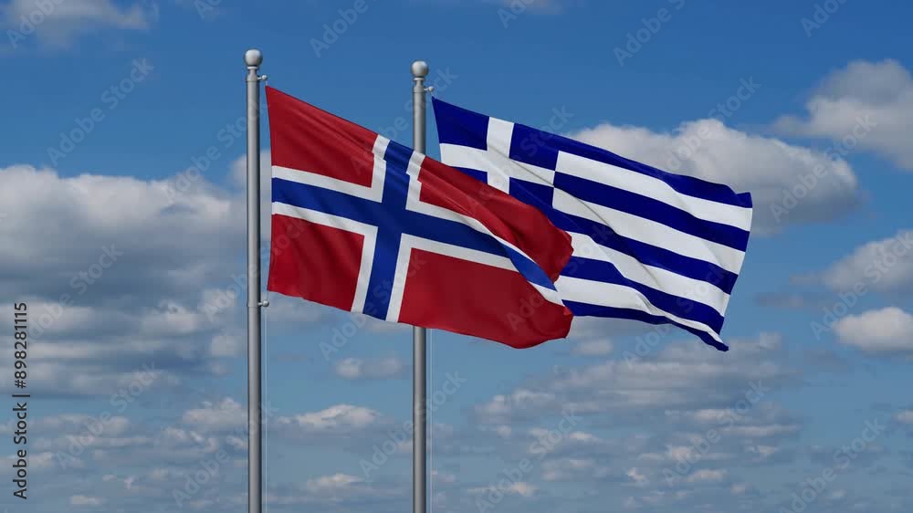 Greece and Norway flags flying together, video concept of the relationship, two country relations concept Greece and Norway flags flying together, video concept of the relationship, two country relations concept