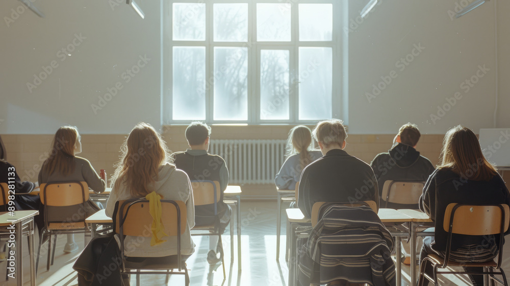 Obraz premium Students sit attentively in a sunlit classroom, with rays of light streaming through large windows, creating an inspiring learning environment.