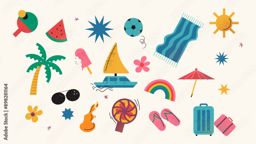 set of icons and colorful illustrations of summer and vacations on the beach, at the sea, in the environment. Collection of elements and stickers of holidays and beach party. set of icons and colorful illustrations of summer and vacations on the beach, at the sea, in the environment. Collection of elements and stickers of holidays and beach party.