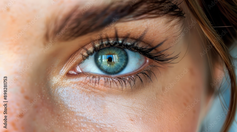 Obraz premium A tight shot of a woman's blue eye, adorned with freckles on her eyelashes and a sprinkling of freckles on her cheek