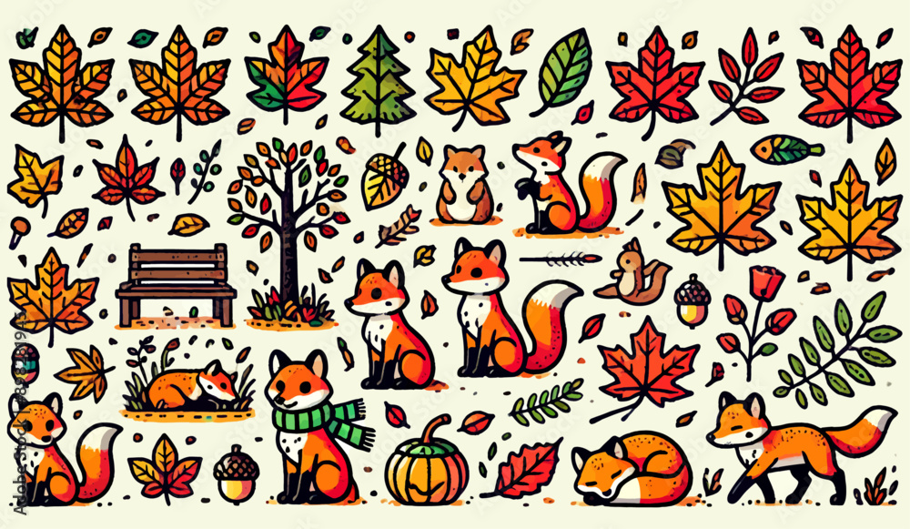 Adorable Foxes and Autumn Leaves in a Forest Setting Adorable Foxes and Autumn Leaves in a Forest Setting