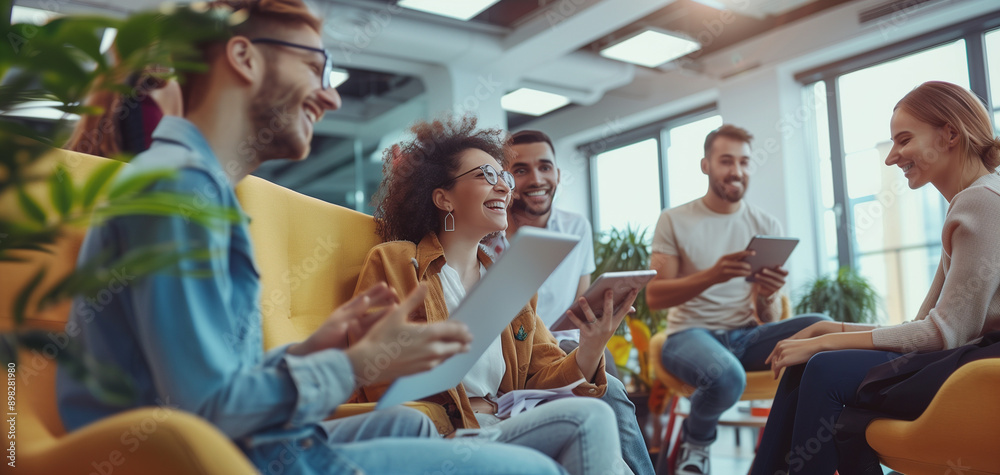 A group of young professionals in an office setting were gathered around one person who was presenting on their tablet to another individual sitting down and smiling at them A group of young professionals in an office setting were gathered around one person who was presenting on their tablet to another individual sitting down and smiling at them