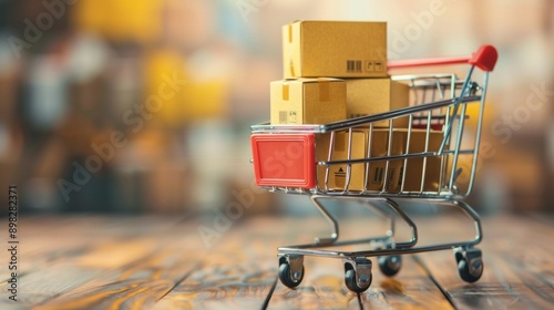 Shopping cart with cardboard boxes on a wooden surface photo